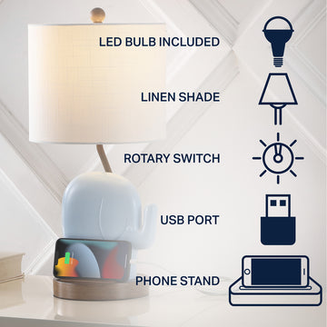 Ellie Bohemian Designer Iron/Resin Elephant LED Kids Table Lamp with Phone Stand and USB Charging Port - JONATHAN Y